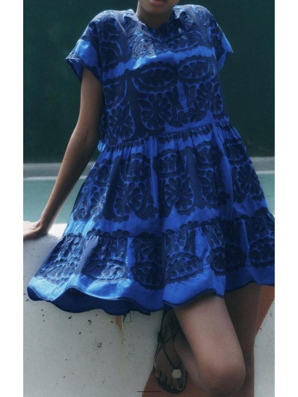 Zara Blue Embroidered Short Sleeve Dress Size L